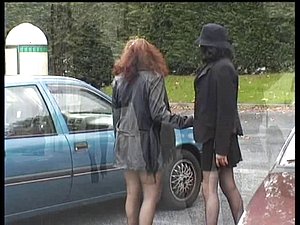 Two babes flashing their tits and pussy in public place